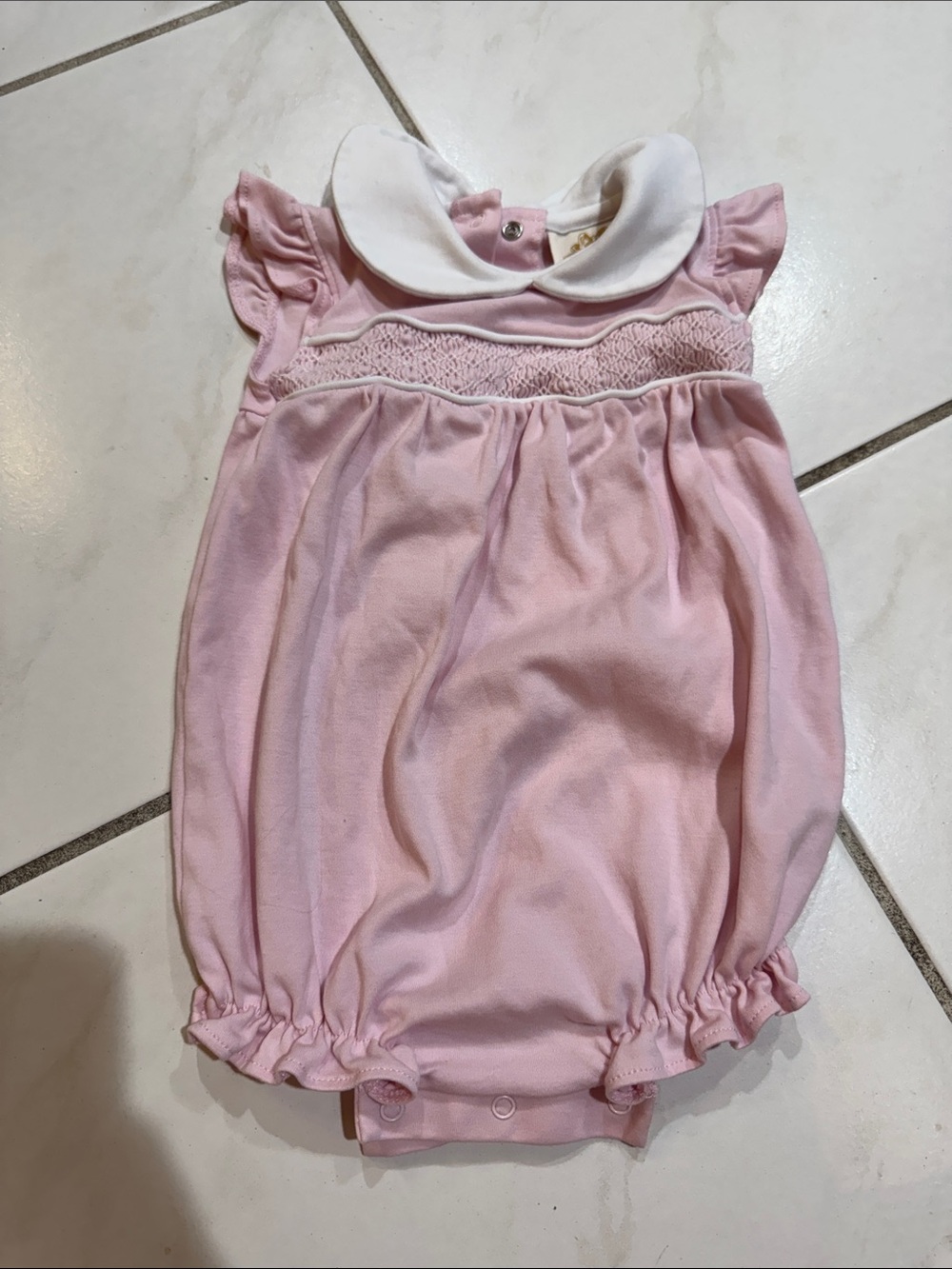 The Beaufort Bonnet Company Pink Baby One-Piece with White Peter Pan Collar